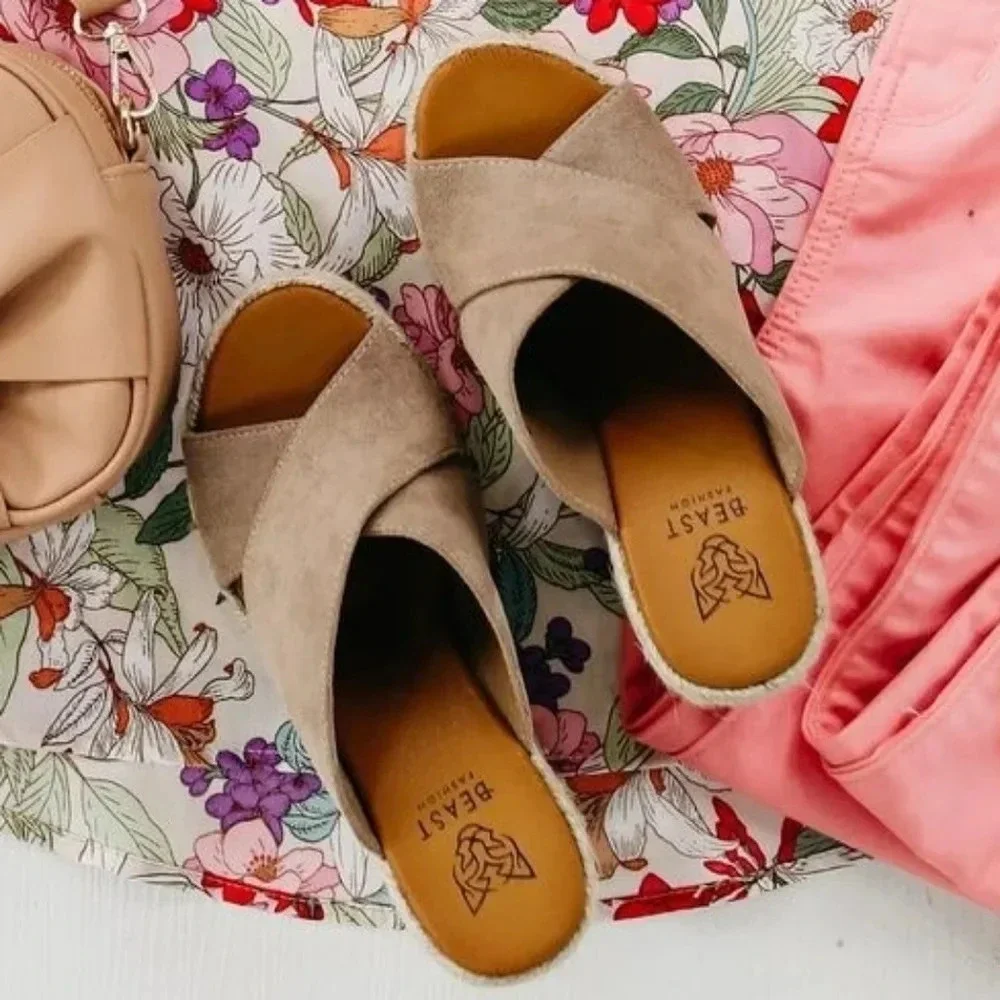 Beast Espadrille Platform Crisscross Strap Slip On Wedge Heel Jute Suede New